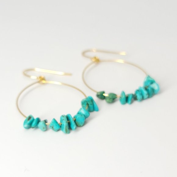 NEW Natural Turquoise Stones Wire Hoop Earrings - Picture 9 of 10